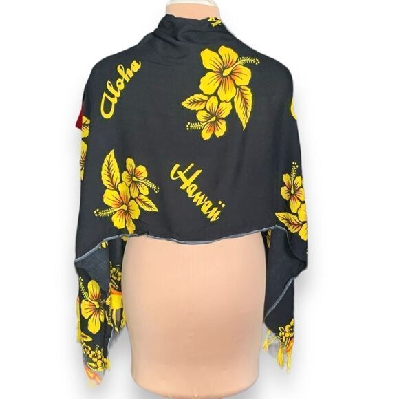 Hawaiian Sarong Wrap Scarf Black Yellow Floral Aloha Fringe Beach Swim Coverup - Picture 2 of 10